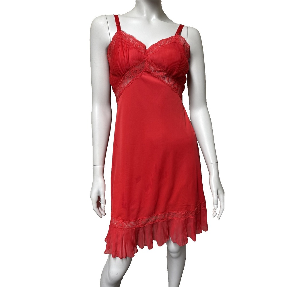 Vtg Red Slip Dress Lace‎ Sz 34 Short Small Sexy 1950s Pleated Ruffle Hem & Bust